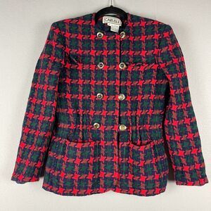 Vintage Carlisle Pure Wool Blazer Jacket Womens 8 Red Green Blue 1980s FLAWS*